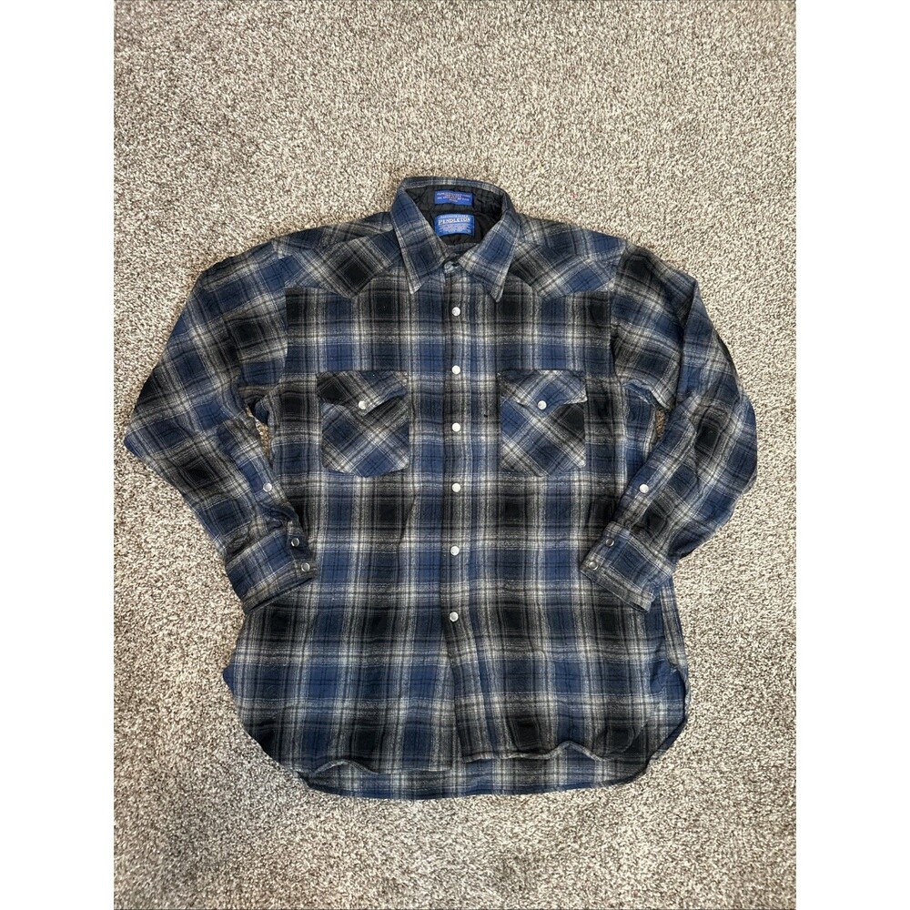 Pendleton Shirt Mens Large Plaid Virgin Wool Western Pearl Snap Flannel Blue